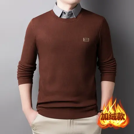 假两件长袖t恤男士加绒加厚打底衫冬季新款保暖休闲衬衫领毛衣男商品大图