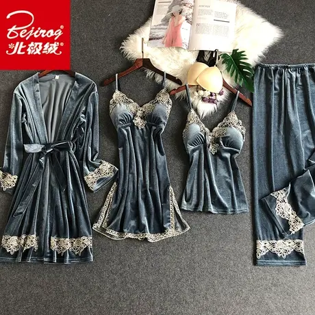 金丝绒睡衣女性感四件套睡袍长袖套装秋冬韩版宽松带胸垫睡裙吊带商品大图