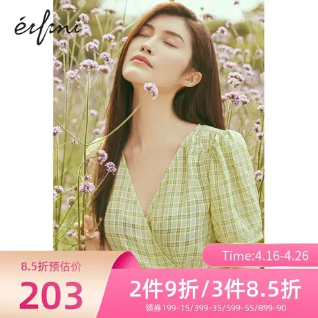 伊芙丽连衣裙夏装新款荷叶边格纹V领气质裙子女1B6996791🗝图片
