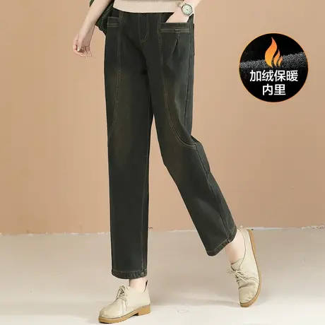 韩潮袭人复古松紧腰加绒牛仔裤女2023冬装新款休闲哈伦裤子厚图片