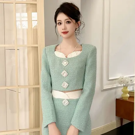 小香风绿色内搭打底衫女2024新款秋冬高级感修身小众圆领长袖上衣图片