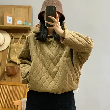 dza 复古宽松套头连帽棉衣外套女冬新款宽松带帽棉服棉袄休闲上衣商品大图