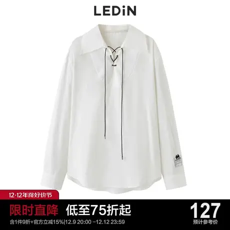 乐町v领系带衬衫夏季新款白色上衣女C1CAC3301图片