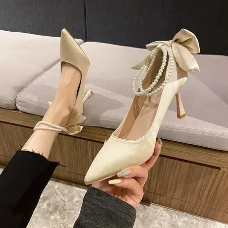 高跟鞋女珍珠仙女风气质2023年新款浅口尖头鞋子细跟法式气质单鞋图片