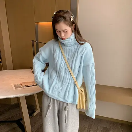 Othermix桔色高领毛衣女2022冬季新款韩版套头设计感落肩袖针织衫商品大图