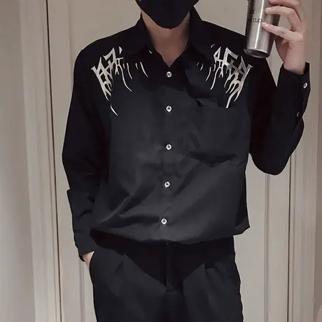 秋季男士上衣衬衫长袖衬衣修身潮流帅气个性发型师痞帅韩版上衣商品大图