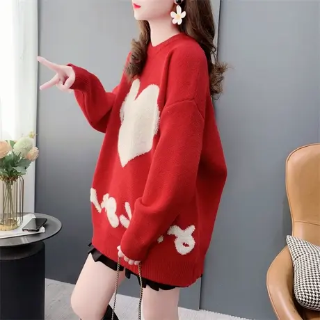 潮牌新年红色圆领套头毛衣女2023秋冬新款加厚爆款洋气打底针织衫商品大图