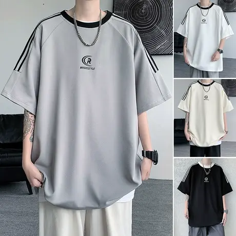 2023夏季宽松短袖t恤男ins潮流美式条纹三道杠打底衫新款半袖上衣商品大图