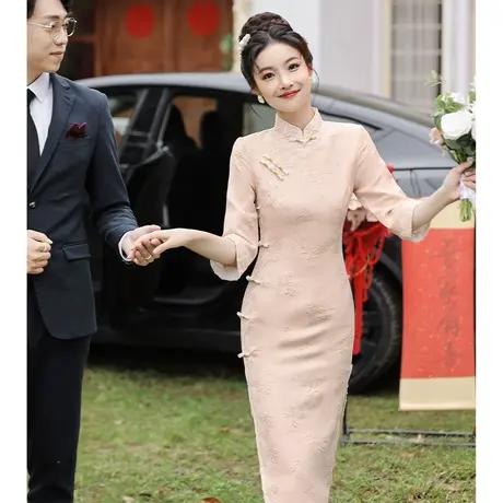 粉色旗袍敬酒服2024新款高级感新中式日常可穿订婚裙礼服小个子女商品大图