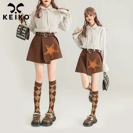 KEIKO [赠腰带] 星形贴布牛仔半身裙2024春夏甜辣妹a字包臀裙短裙图片