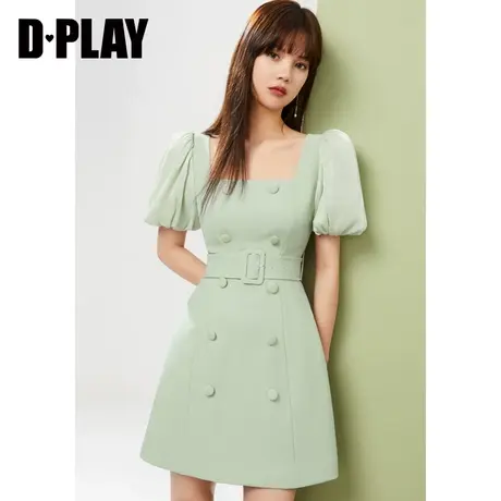 DPLAY夏新款灰豆绿方领拼接鎏光纱双排扣泡泡袖高腰连衣裙图片