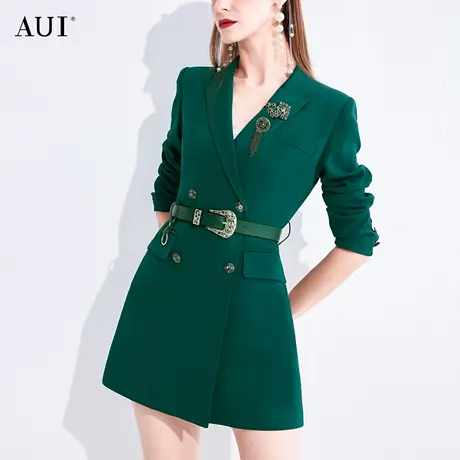 AUI欧洲站绿色职业通勤气质西装外套女2023秋新款垫肩修身西服裙图片