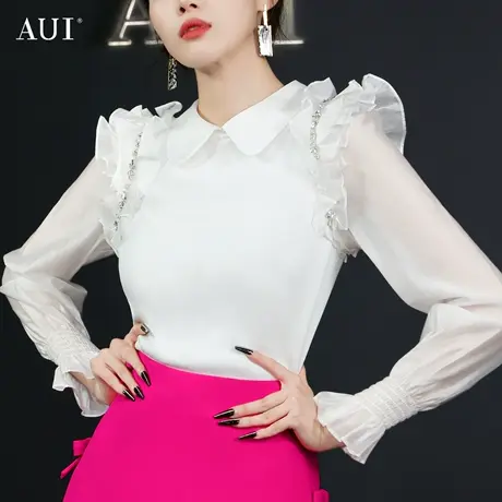 AUI白色设计感高级针织衫女2023春季新款泡泡袖小众修身打底上衣商品大图