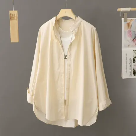 浅黄色简约立领衬衫式外套女士宽松大码女装2024年新款春秋季衬衣图片