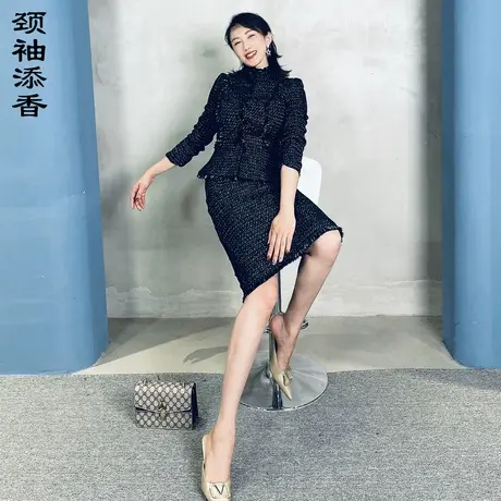 颈袖添香2023春秋新款欧美时尚气质职业装裙女装女士毛呢套裙商品大图