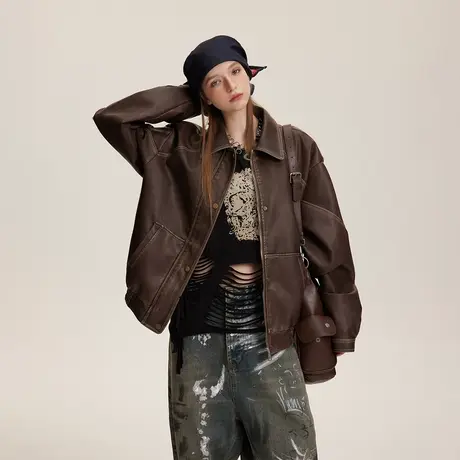 街头复古擦色皮衣外套女春季2024新款做旧情侣装宽松PU皮夹克上衣图片