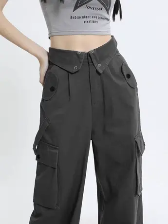 美式复古工装裤女秋季高腰显瘦小个子设计感小众直筒阔腿裤休闲裤图片