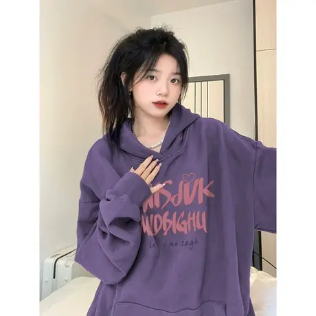 紫色卫衣女春季薄款潮牌小众设计感oversize美式复古外套上衣宽松商品大图