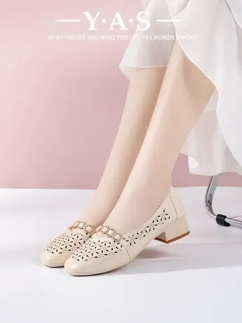 时尚镂空浅口单鞋女2024年新款春夏季粗跟透气洞洞鞋软底舒适凉鞋商品大图