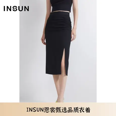 INSUN恩裳夏季褶皱感弹性直筒百搭醋酸半身裙图片