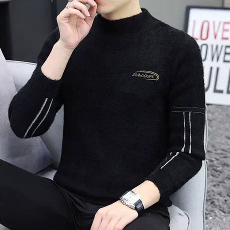 水貂绒毛衣男生半高领打底衫秋冬季加厚休闲线衣男士黑色个性外套图片