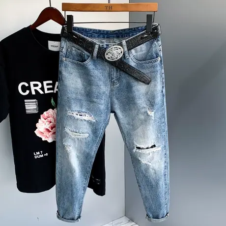 夏季破洞牛仔裤男潮牌宽松直筒男士休闲长裤子男日系乞丐裤男商品大图