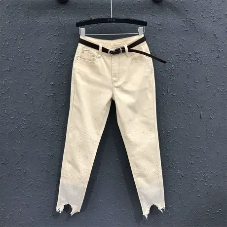 欧货铅笔裤女2024春夏新款卡其色重工烫钻气质高腰毛边牛仔锥形裤商品大图