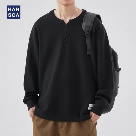 hansca亨利领卫衣男士秋季美式重磅无帽套头外套大码长袖纯棉上衣商品大图
