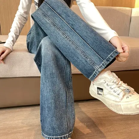 拼接高腰窄版阔腿牛仔裤女2024春秋新款复古垂感宽松显瘦直筒裤子图片