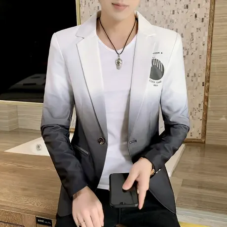 韩版修身小西装外套秋季男士潮牌设计感撞色渐变上衣ins痞帅西服商品大图