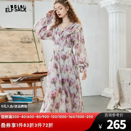 妖精的口袋雪纺印花连衣裙女2023早秋新款v领高腰复古度假风长裙图片
