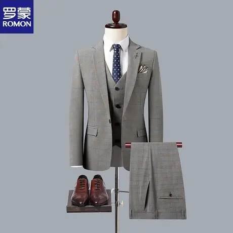 罗蒙新郎西服套装男士英伦时尚韩版休闲修身礼服格子结婚西装男图片