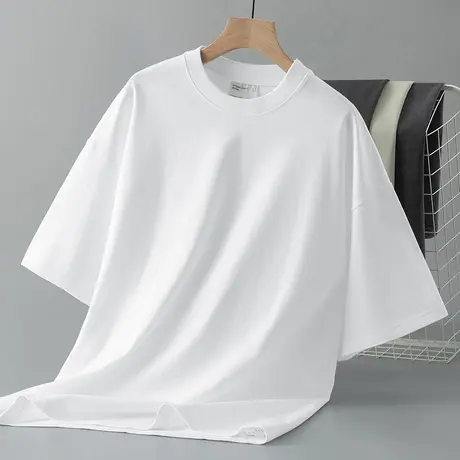 美式重磅纯棉短袖t恤男装纯色白色落肩款五分袖夏季宽松全棉半袖商品大图