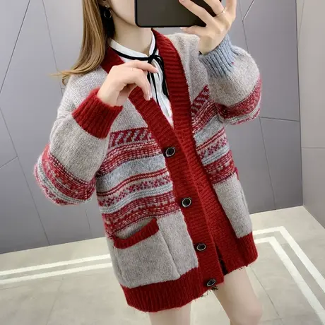 2023年春装新款爆款复古拼色针织开衫女宽松慵懒风时尚百搭外套潮商品大图