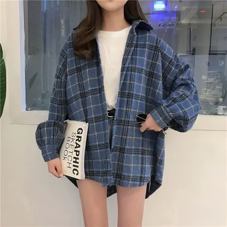 2021春装新款韩版磨毛格子衬衫女复古港味宽松bf风衬衣上衣外套潮商品大图