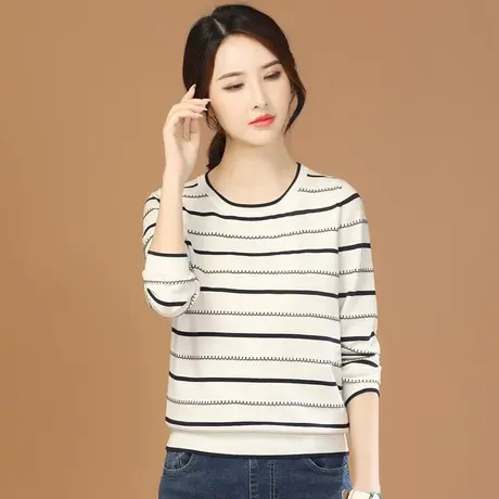 韩潮袭人圆领条纹长袖针织衫女2023秋季新款套头毛衣上衣打底衫商品大图