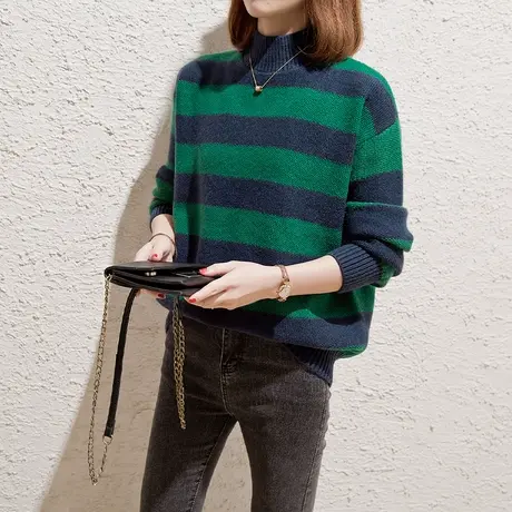 半高领条纹毛衣女套头2023秋冬新款针织衫宽松上衣内搭厚打底衫潮图片