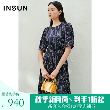 恩裳2023夏季新款大气艺术花卉摩登几何印花蓬松连衣裙女图片