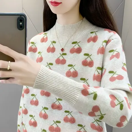 半高领樱桃针织打底衫2023秋冬新款爆款洋气内搭宽松毛衣短款上衣商品大图