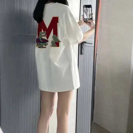 白色纯棉印花圆领宽松oversize短袖t恤女夏季2023新款中长款上衣商品大图