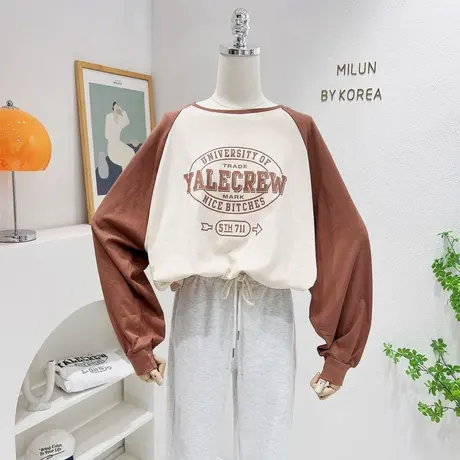 韩系慵懒风休闲上衣秋季新款复古美式字母插肩袖T恤长袖内搭大码商品大图