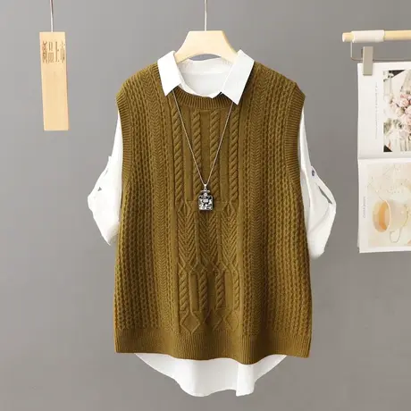 春秋圆领套头毛衣背心针织马甲女2023新款外搭叠穿坎肩女宽松上衣商品大图