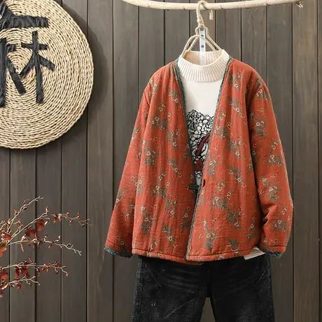 枫谜2021年冬季新款文艺印花一粒扣棉衣女宽松夹棉保暖外套上衣图片