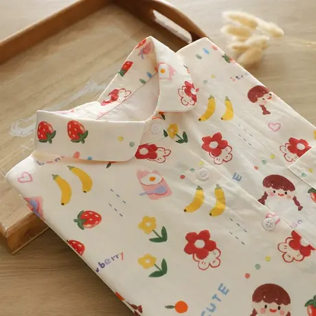 秋季日系小清新卡通印花长袖衬衫女宽松休闲百搭文艺女士纯棉衬衣图片