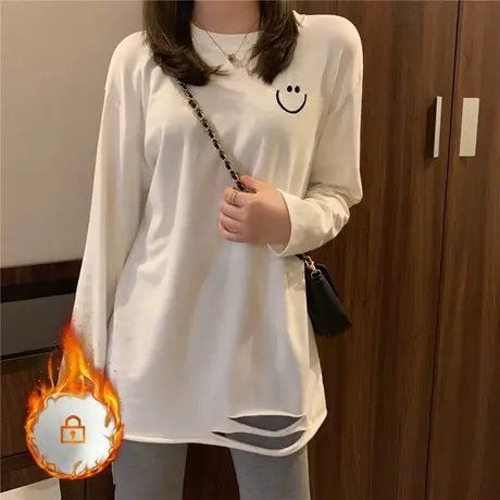 打底衫女设计感内搭宽松破洞洋气百搭中长款春秋上衣白色长袖t恤商品大图