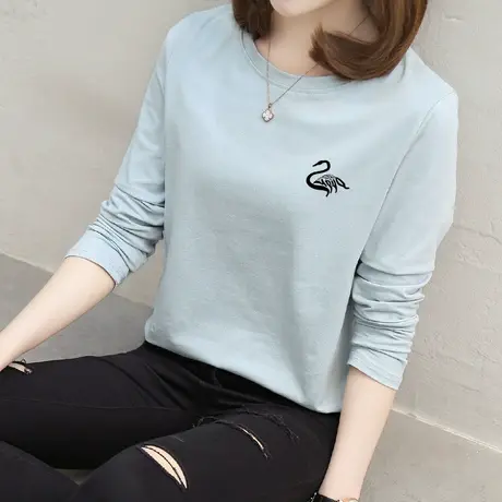 纯棉长袖t恤蓝色韩版宽松打底衫内搭春装上衣2023年新款百搭女潮图片