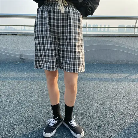 红续港风ins新款韩版ulzzang格子复古百搭宽松休闲短裤盐系少女图片
