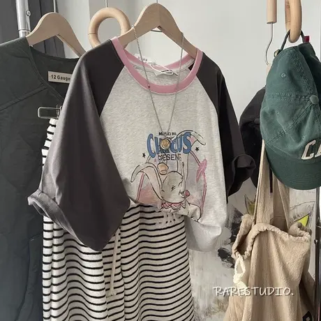 小飞象卡通印花减龄休闲插肩袖拼接撞色宽松慵懒显瘦短袖棉T恤女商品大图