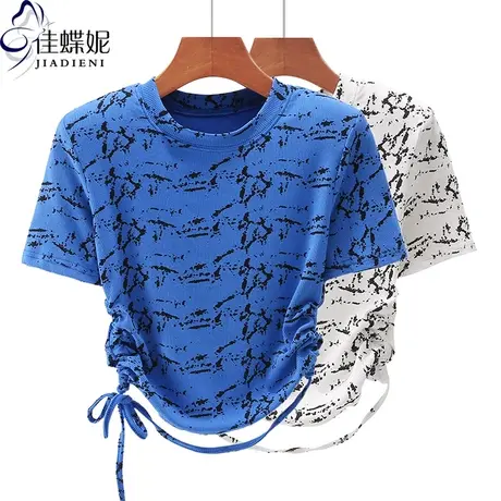 夏季新款韩版圆领纯棉修身短款抽绳纯欲斑纹短袖体恤上衣女打底衫商品大图