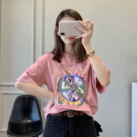 oversizet恤女粉色港风chic夏季纯棉宽松大码短袖ins潮牌上衣体恤商品大图